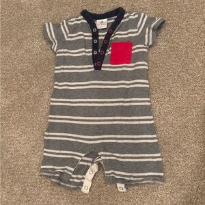 Hanna Andersson Gray and Navy Striped Romper with Red Accents